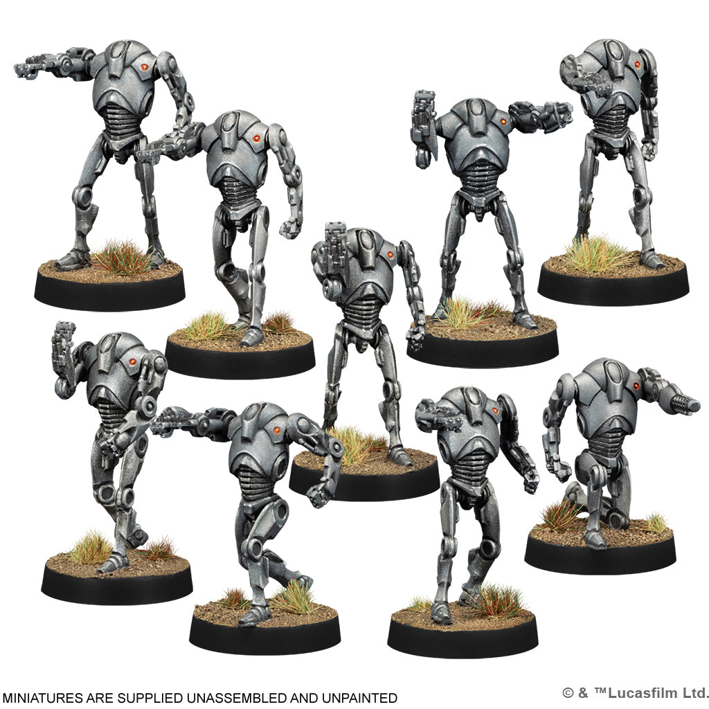 Detailed group view of assembled B2 Super Battle Droids,  miniatures.
