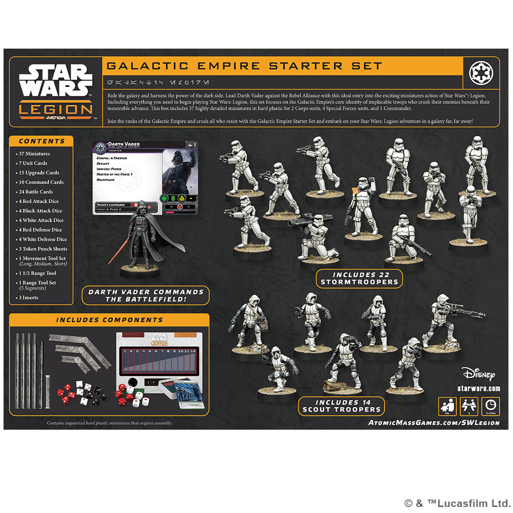 Star Wars Legion Galactic Empire Starter Set SWQ02 official base game back of box packaging by Atomic Mass Games 