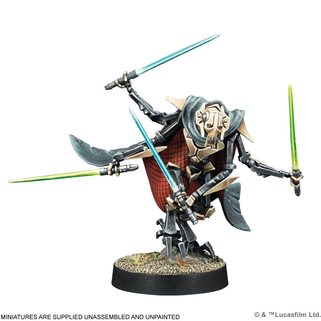 Assembled and painted General Grievous miniature holding four ignited lightsabers from the Separatist Alliance Starter Set.