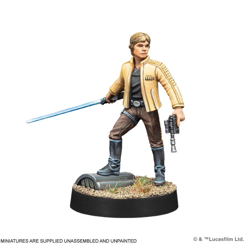 Assembled and professionally painted Luke Skywalker commander miniature with ignited blue lightsaber from the SWQ01 starter set.