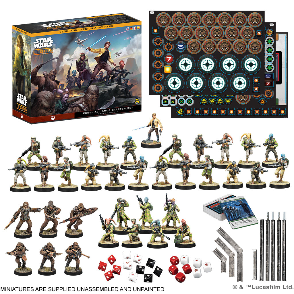Complete components of the SWQ01 Rebel Alliance Starter Set including 36 unpainted miniatures, cards, templates, and dice.