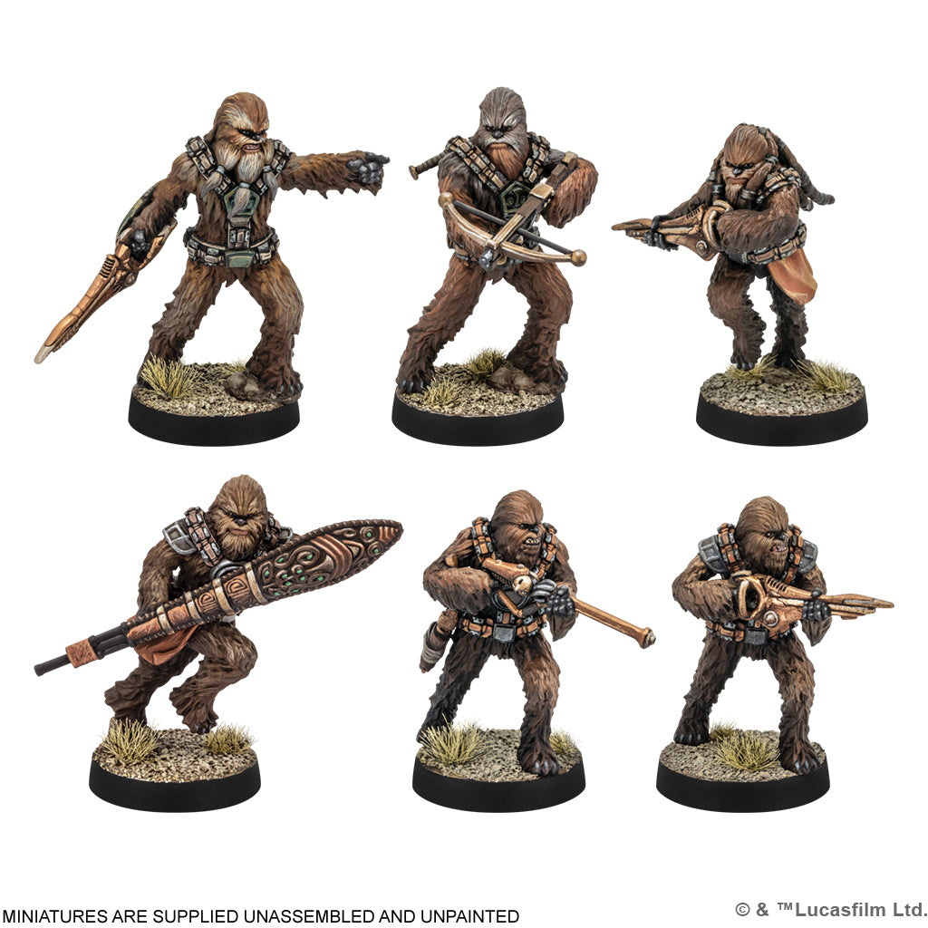 Six detailed Wookiee Warrior miniatures with bowcasters and ryyk blades from the Rebel Alliance Starter Set.
