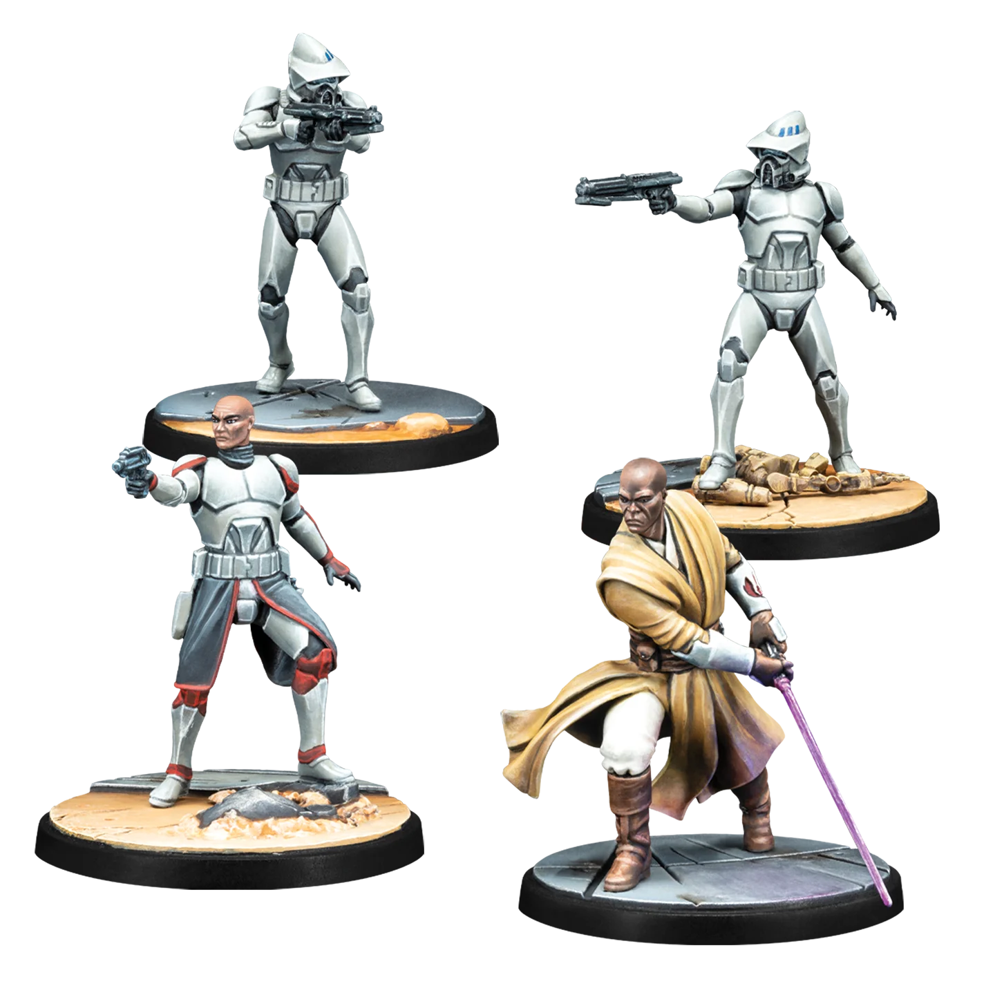 Assembled and painted miniatures of Jedi Master Mace Windu, Commander Ponds, and ARF Troopers for Shatterpoint tactical skirmish.
