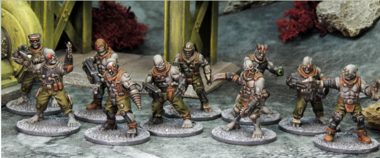 Assembled and painted Stargrave Automatons in a diorama scene