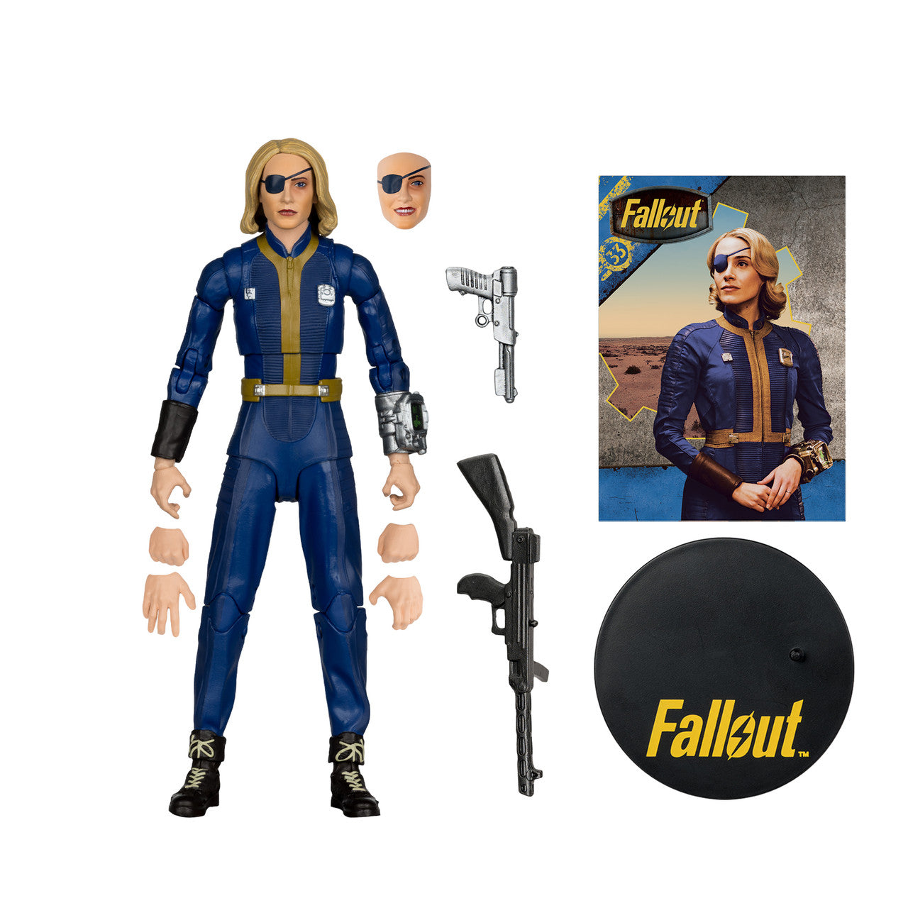echnical view of Steph Harper Fallout figure accessories including 10mm pistol, submachine gun, and swappable face plate