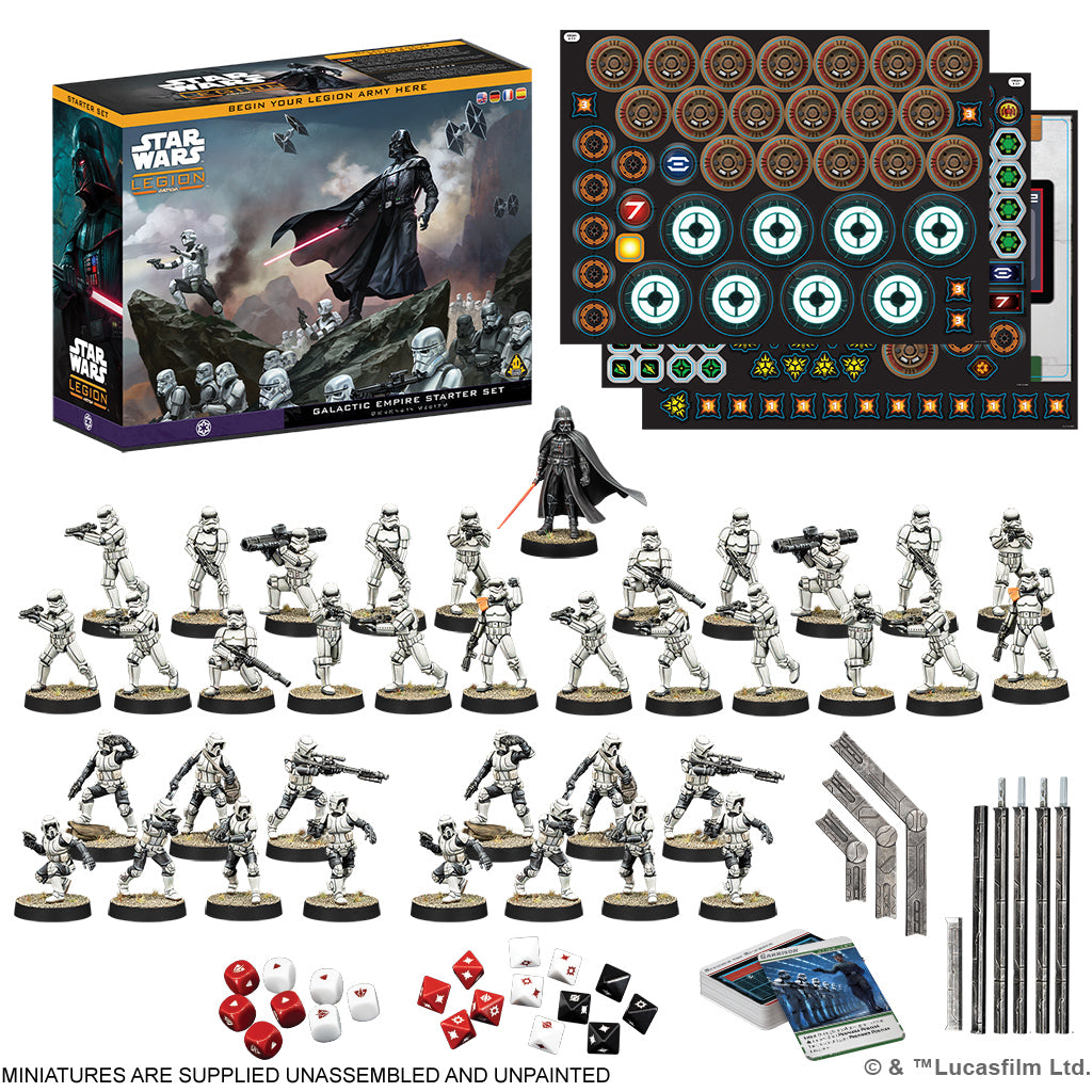 Complete components of the SWQ02 Galactic Empire Starter Set including 37 unpainted miniatures, cards, templates, and custom dice.
