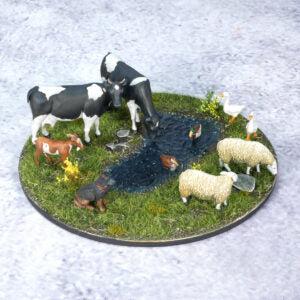 Tabletop Workshop Painted 1/72 scale cows, sheep, and dog on a scenic base