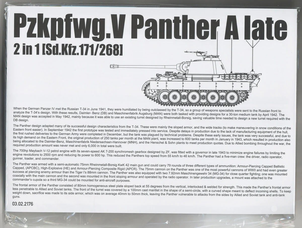Technical assembly instructions for Takom 1/35 Panther A Late showing Sd.Kfz.171 and 268 command variants