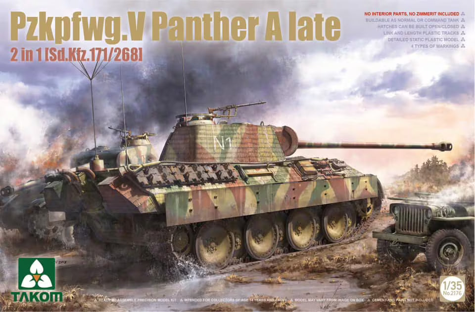 Takom 2176 box art for Pzkpfwg.V Panther A late 2 in 1 showing ambush camouflage.
