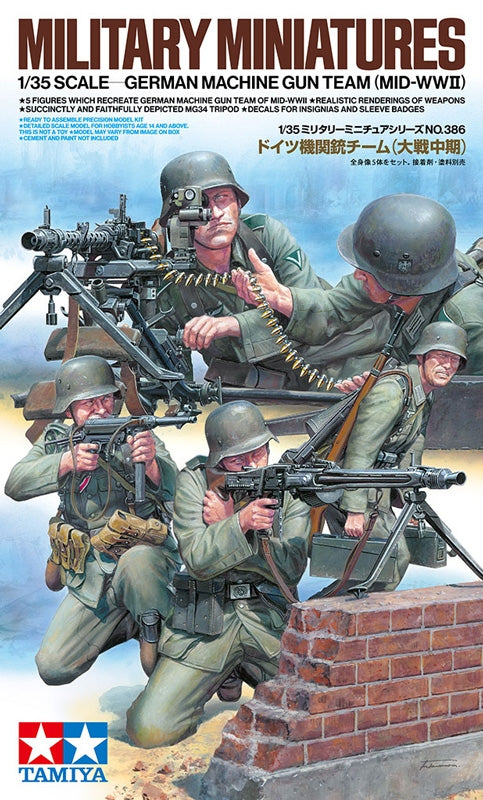 Tamiya 35386 1/35 scale German Machine Gun Team Mid-WWII figure set box art showing 5 figure poses.