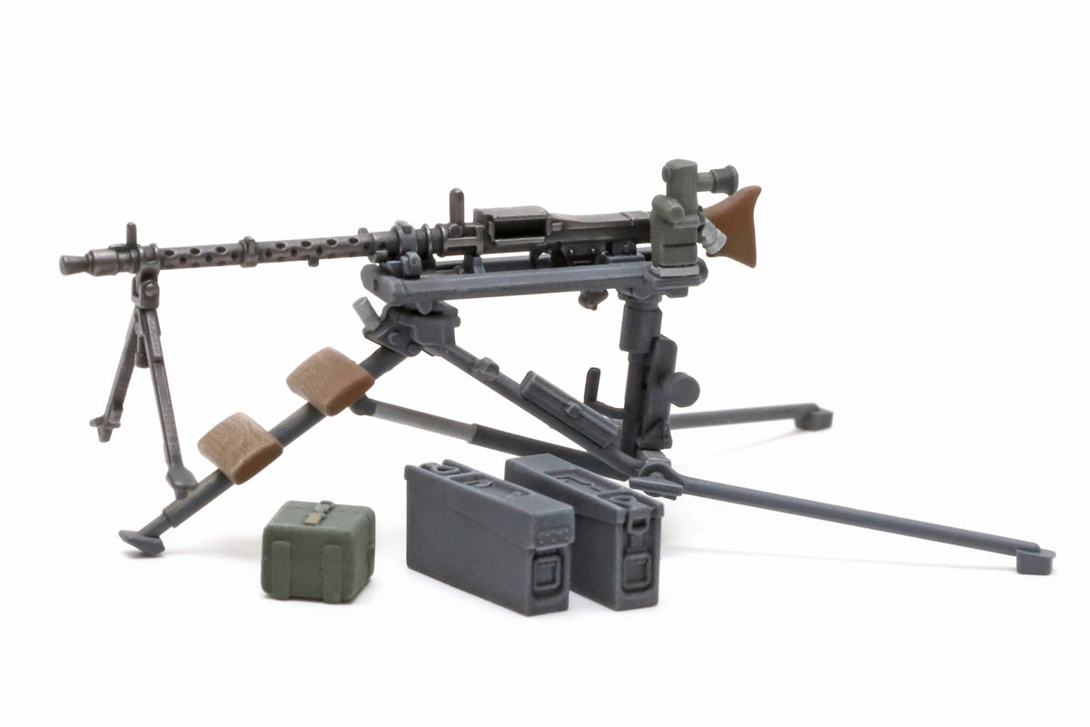 Detailed view of Tamiya 1/35 MG34 machine gun on its foldable Lafette tripod mount with optical sight