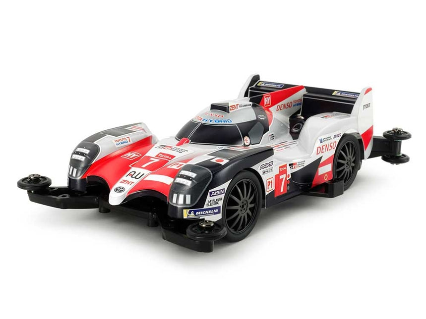 Completed Tamiya 1/32 TS050 Hybrid Mini 4WD car with Le Mans livery stickers 