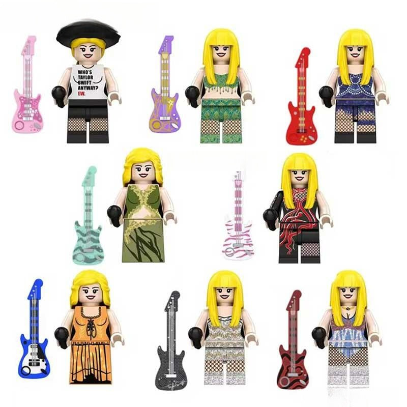 Minifigure Toys Taylor Swift Eras Tour set of 8 custom minifigures featuring iconic stage outfits and guitars