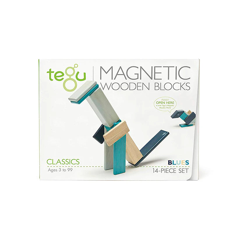 Tegu 14 Piece Classics Blues Tint Magnetic Wooden Block Set Front View