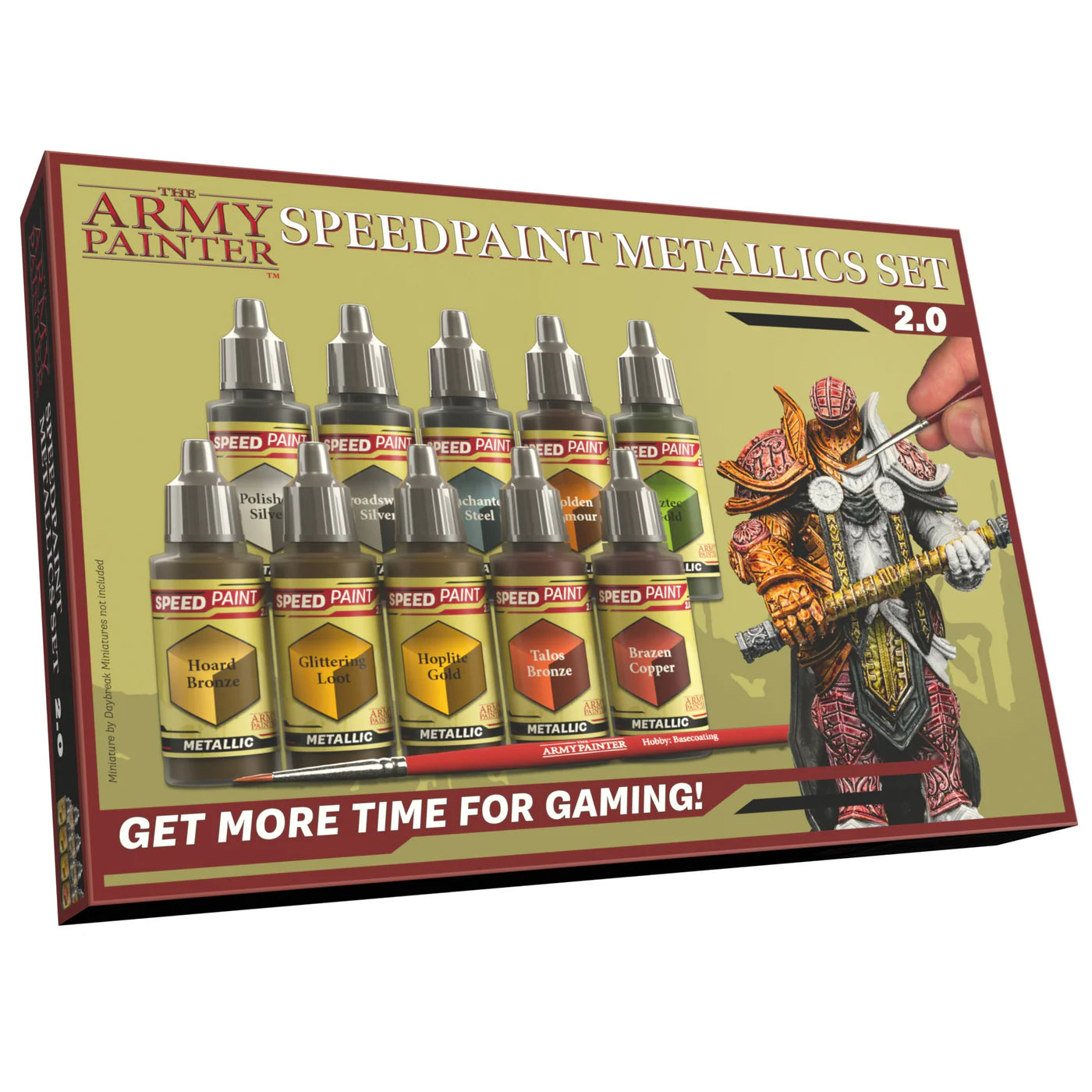 Retail box of The Army Painter Speedpaint Metallics Set 2.0 featuring 10 bottles and the "Get More Time for Gaming" slogan.