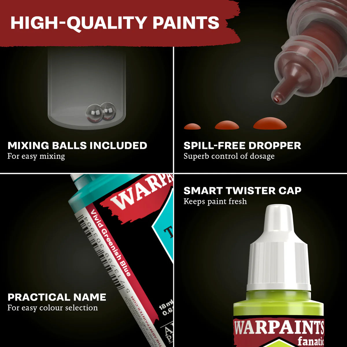 Technical graphic breaking down the stainless steel mixing balls, spill-free dropper, smart twister cap, and practical naming.