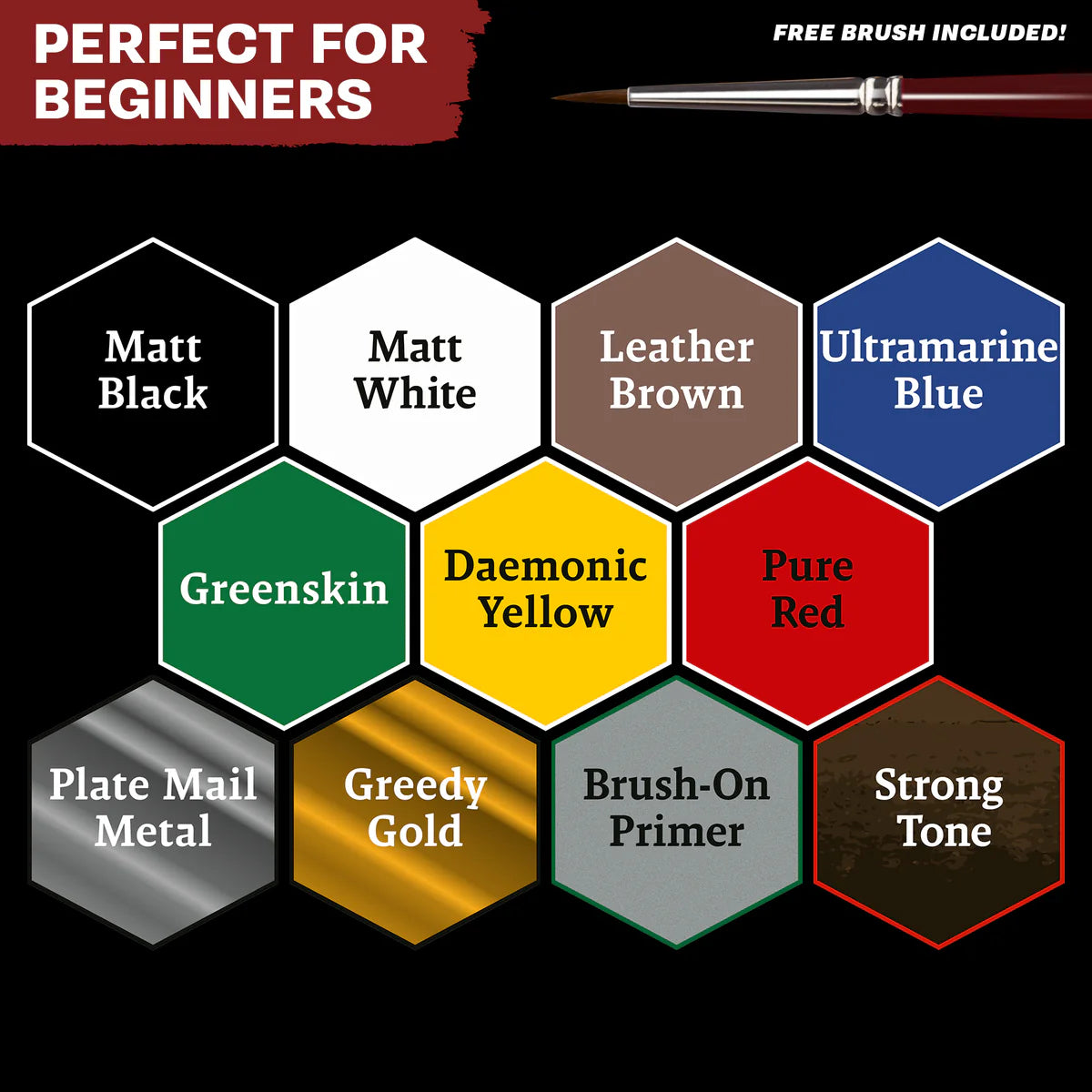 Hexagonal color swatch guide highlighting all 11 paints including Matt Black, Greedy Gold, and Strong Tone.