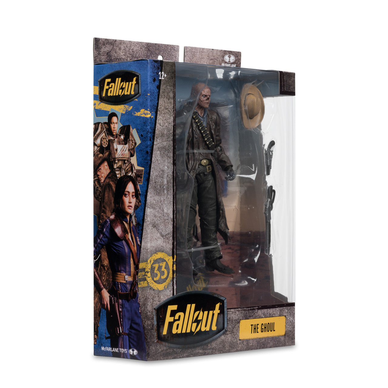 McFarlane Fallout The Ghoul deluxe window box packaging angled view.