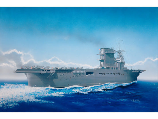 Box cover art showing the USS Lexington aircraft carrier underway in 1942 with aircraft on deck