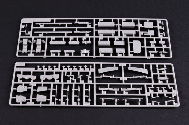 Light gray injection molded plastic model sprue trees detailing small scale ship components