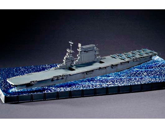 Finished built example of the scale model ship assembled in a waterline ocean water diorama base