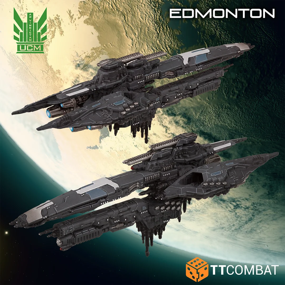 Showcase view of the UCM Edmonton cruiser miniature variant equipped with heavy mass driver turrets