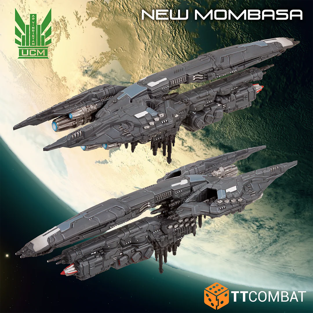 Profile view of the UCM New Mombasa class cruiser miniature detailing dark grey armor and engine thrusters