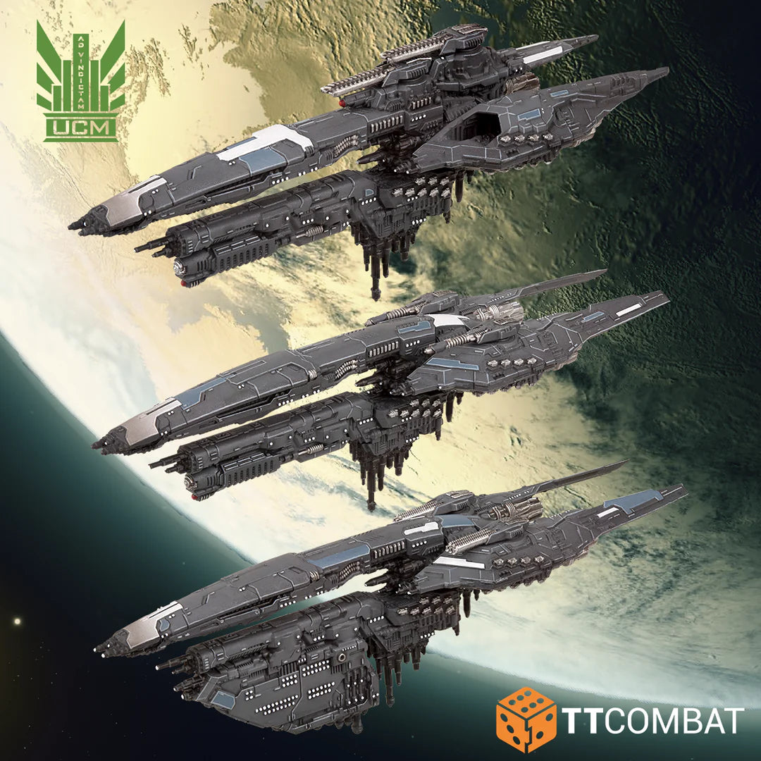 Three assembled UCM cruiser miniatures displayed from a front three-quarters perspective