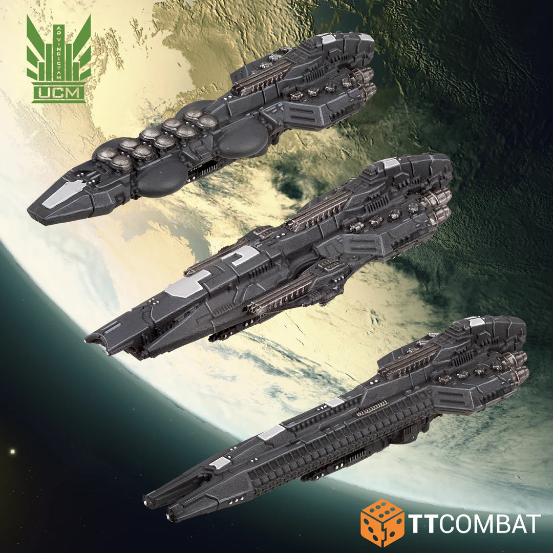 Three painted UCM frigate miniatures highlighting sleek tactical hulls and underslung kinetic cannons