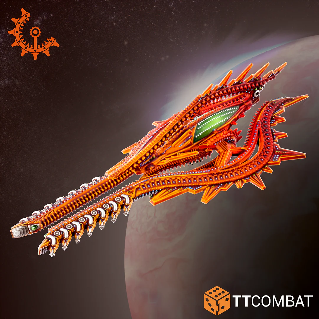 Detailed studio painted Shaltari Amber cruiser miniature showing long orange hull spires and a glowing green central core