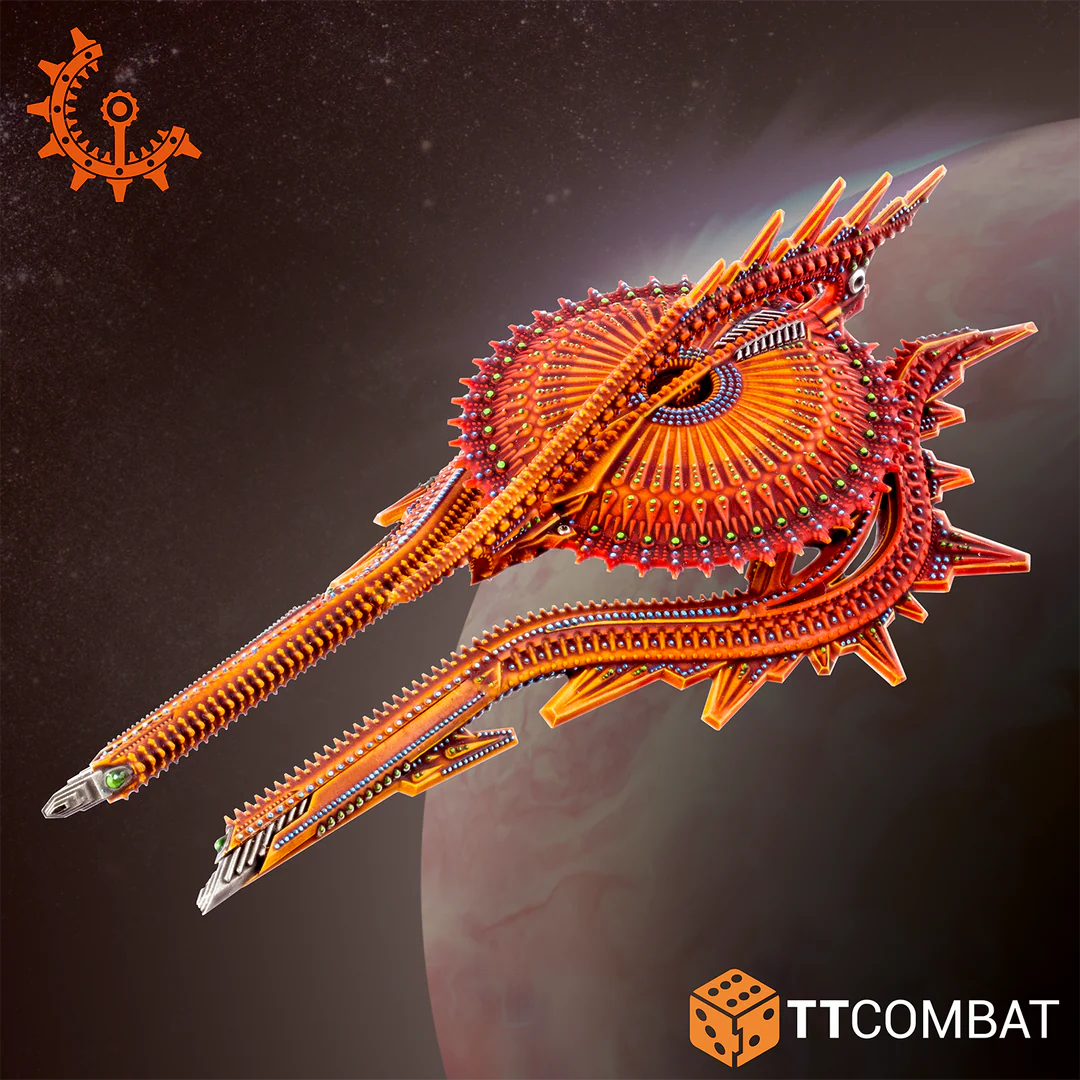 Studio painted model of a Shaltari Emerald class cruiser showcasing intricate curved alien hull plating