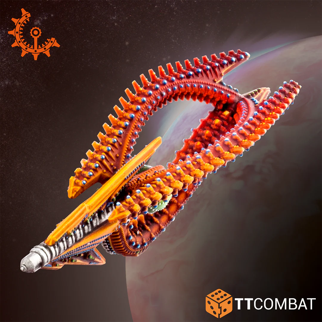 Studio painted model of the sleek Shaltari Jade frigate miniature detailing yellow and orange energy fins