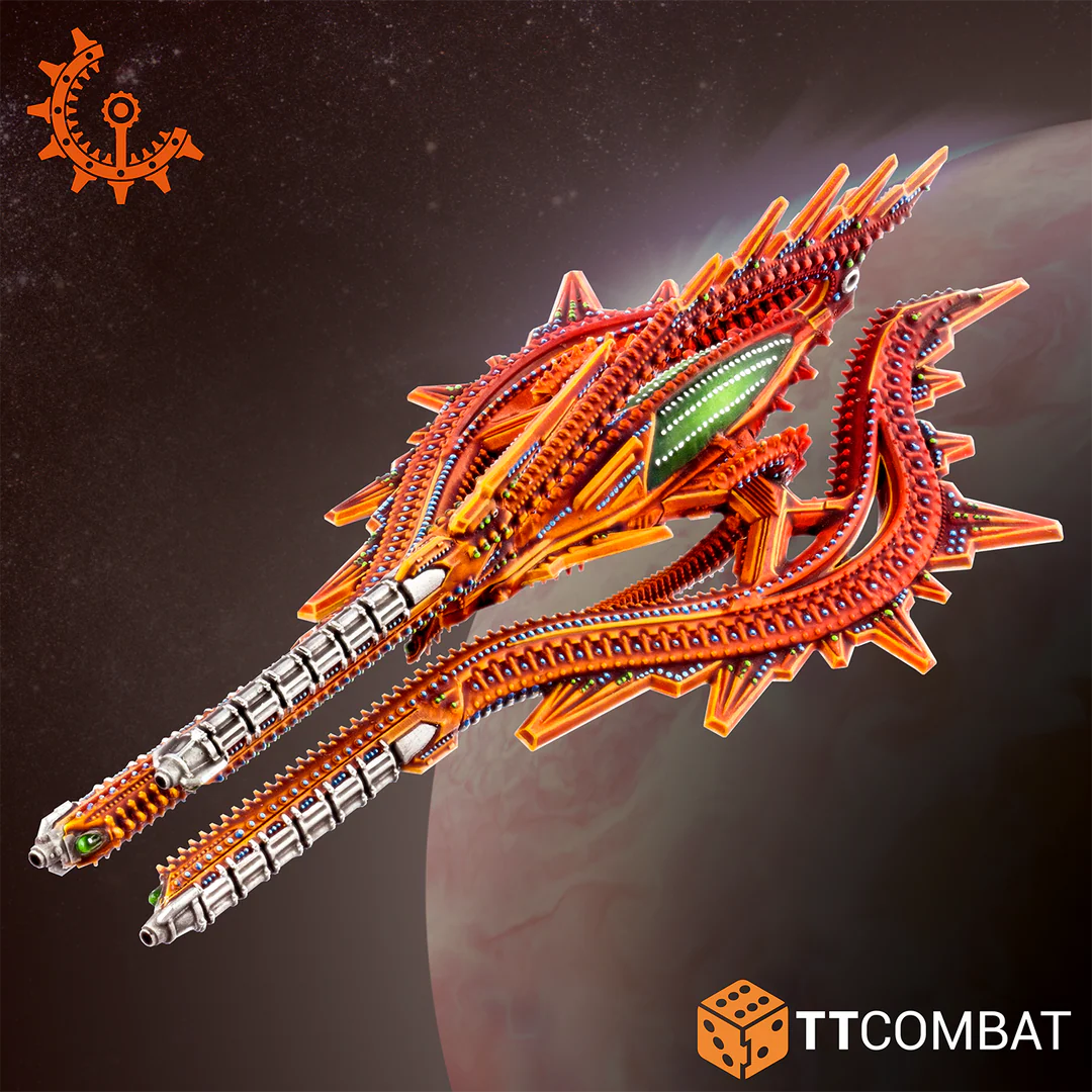 Profile showcase of the Shaltari Obsidian cruiser miniature variant with long twin prow rail cannons