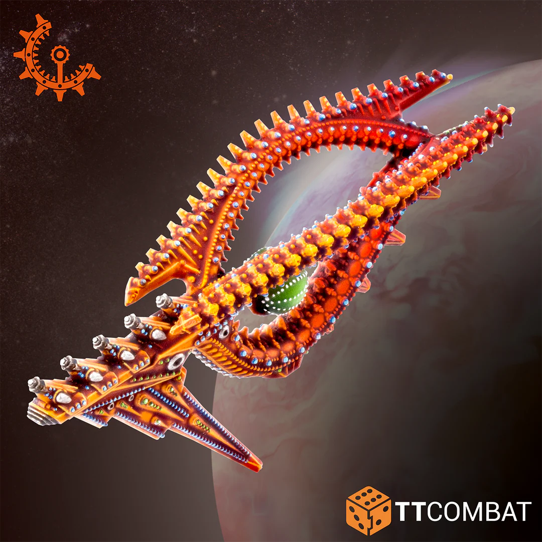 Close up of a painted Shaltari Topaz frigate miniature mounted on a flight stand