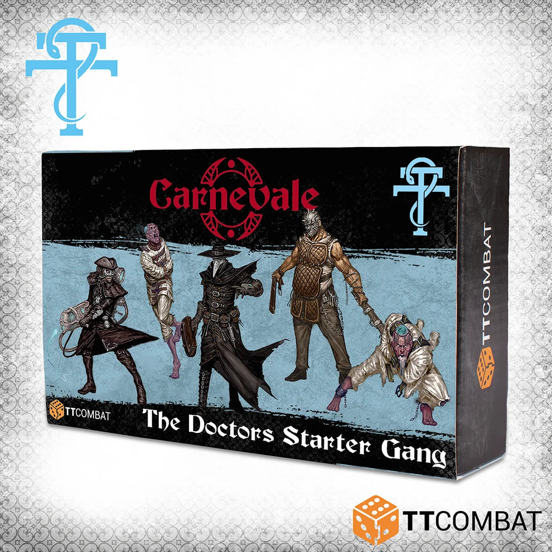 Box packaging for TTCombat Carnevale The Doctors Starter Gang miniature set featuring five Ospedale models against a light blue banner