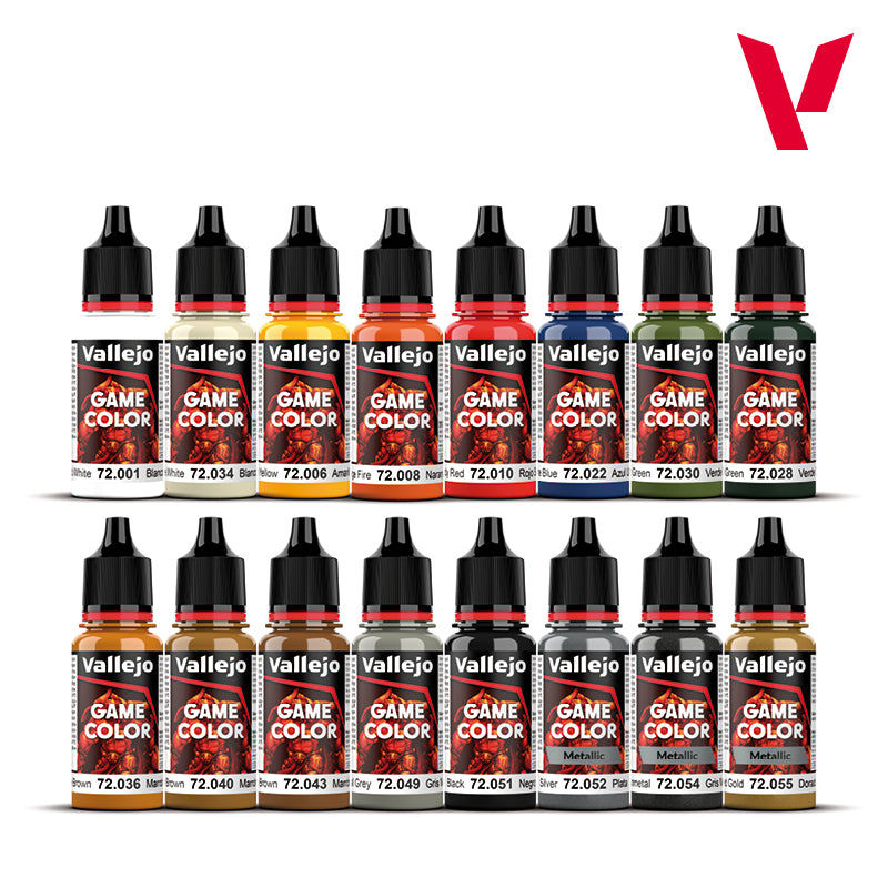 16 Vallejo Game Color 18ml dropper bottles in matte and metallic shades, including 72.051 Black and 72.052 Silver