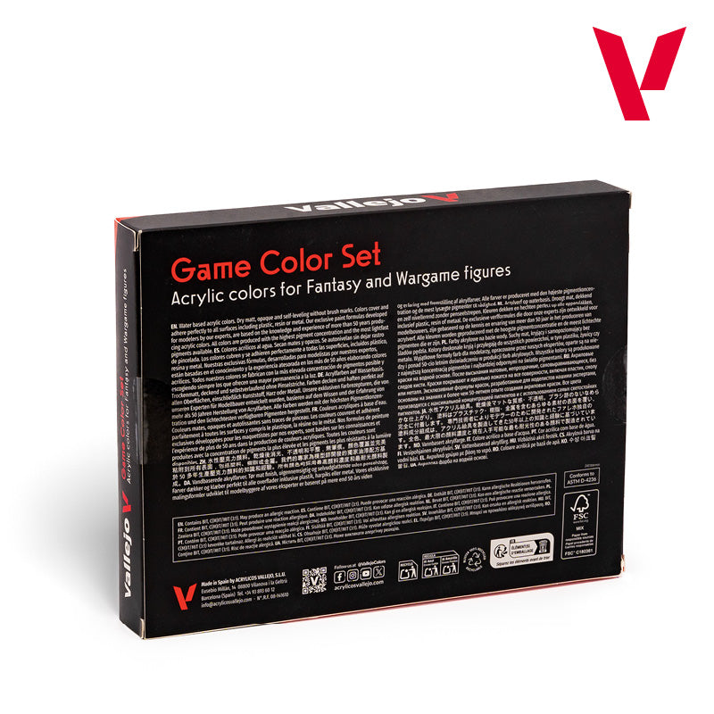 Back of Vallejo Game Color box listing technical specifications, BSL system instructions, and paint safety information.