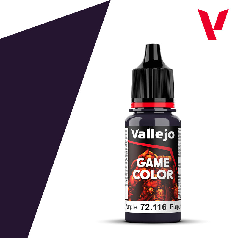 18ml transparent r-PET bottle of Vallejo Game Color Midnight Purple (72.116) featuring the new formula branding and red cap.