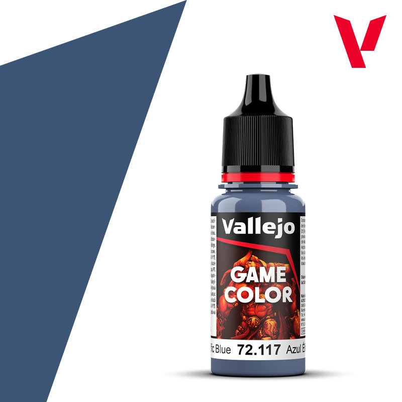 18ml transparent r-PET bottle of Vallejo Game Color Elfic Blue (72.117) featuring the new formula branding and red cap.
