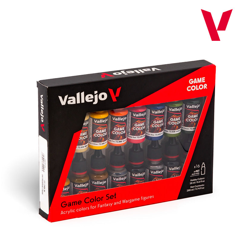 Front view of Vallejo Game Color Introduction Set 72.299 packaging for miniature wargaming, featuring a 16-bottle assortment.