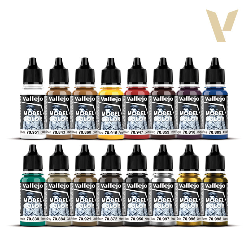 Sixteen 18ml r-PET transparent dropper bottles included in the Vallejo Medieval Colors Set.