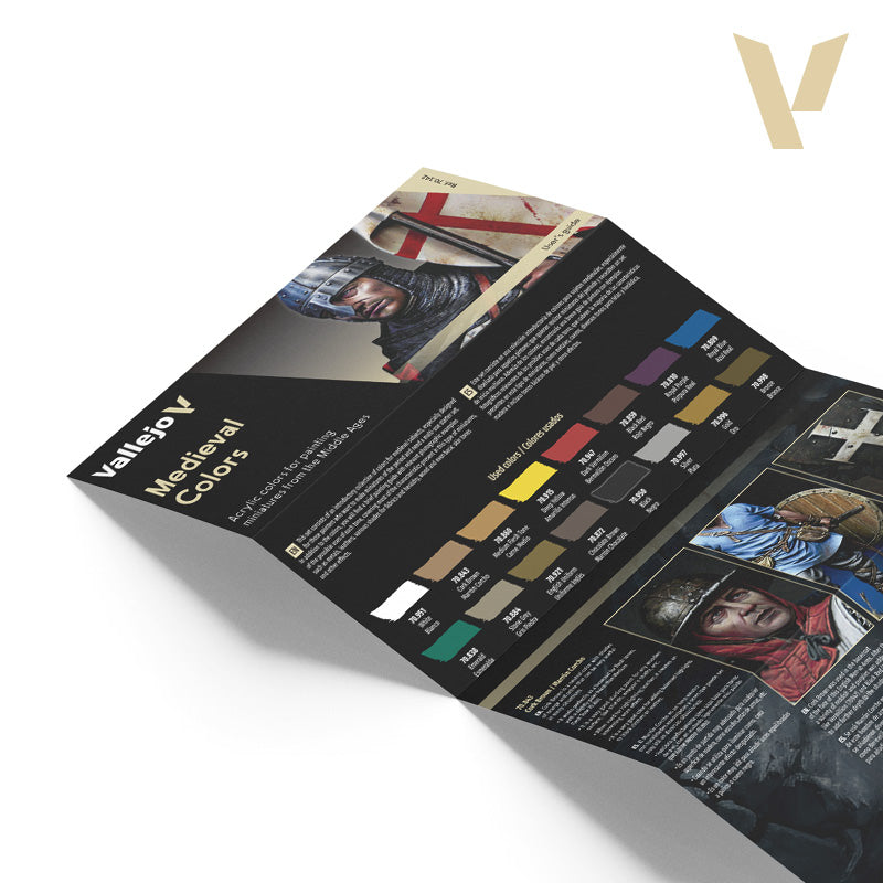  Included user's guide for the Vallejo Medieval Colors Set featuring color swatches and painting examples.