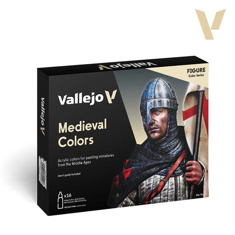  Front view of the Vallejo Model Color Medieval Colors Set (70.142) packaging showing a knight and set details.