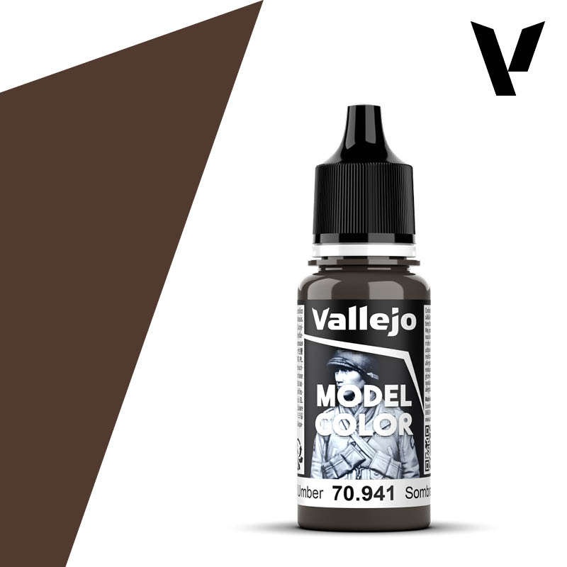 New 18ml transparent r-PET bottle of Vallejo Model Color Burnt Umber (70.941) featuring a fast-drying, self-leveling matte finish