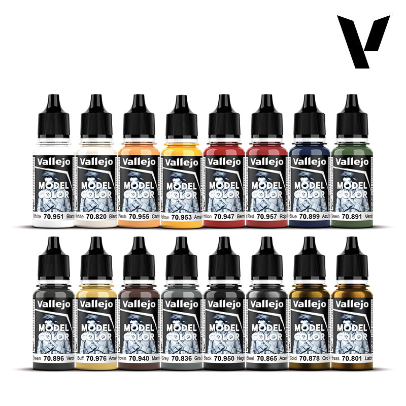 Sixteen 18ml r-PET transparent dropper bottles included in the Vallejo Napoleonic French and British paint set.