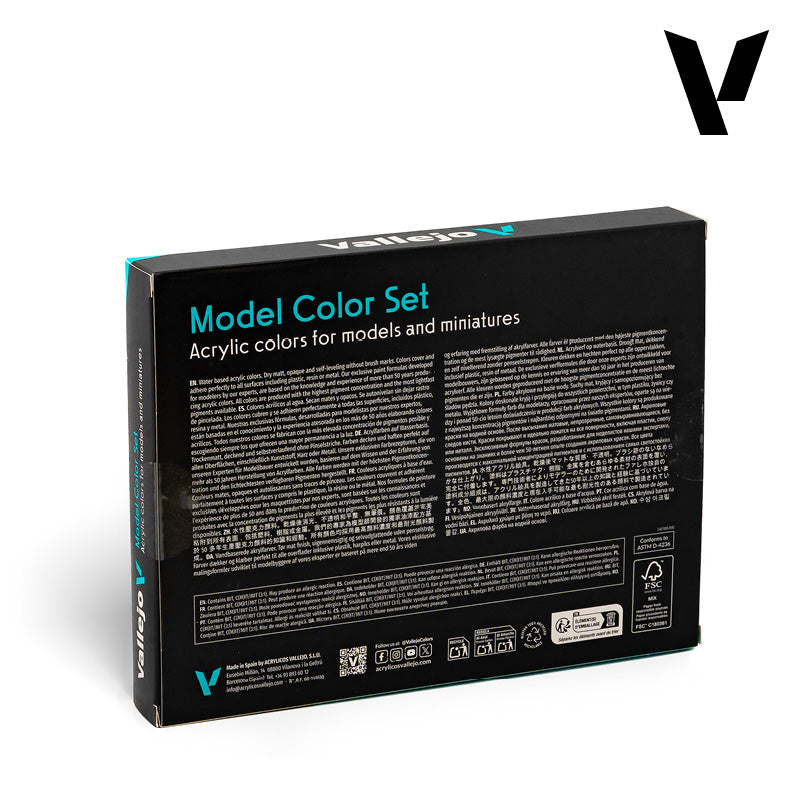 Back of box for Vallejo Napoleonic Colors set detailing the 16 included 18ml acrylic paint colors.