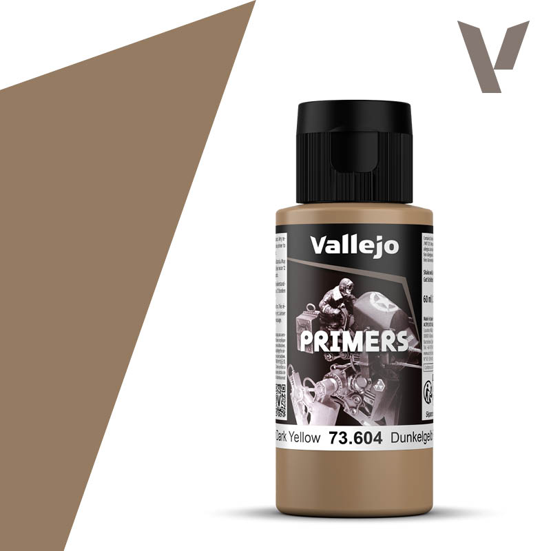 60ml bottle of Vallejo Surface Primer German Dark Yellow (73.604) for airbrush and brush application on scale models