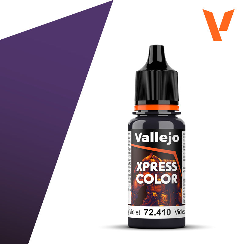 18ml bottle of Vallejo Xpress Color Gloomy Violet (72.410) showing excellent capillarity for high-contrast miniature painting.