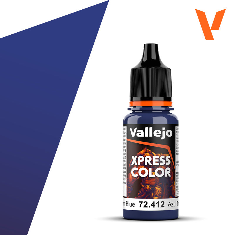 18ml bottle of Vallejo Xpress Color Storm Blue (72.412) showing the orange cap identifier and new branding.
