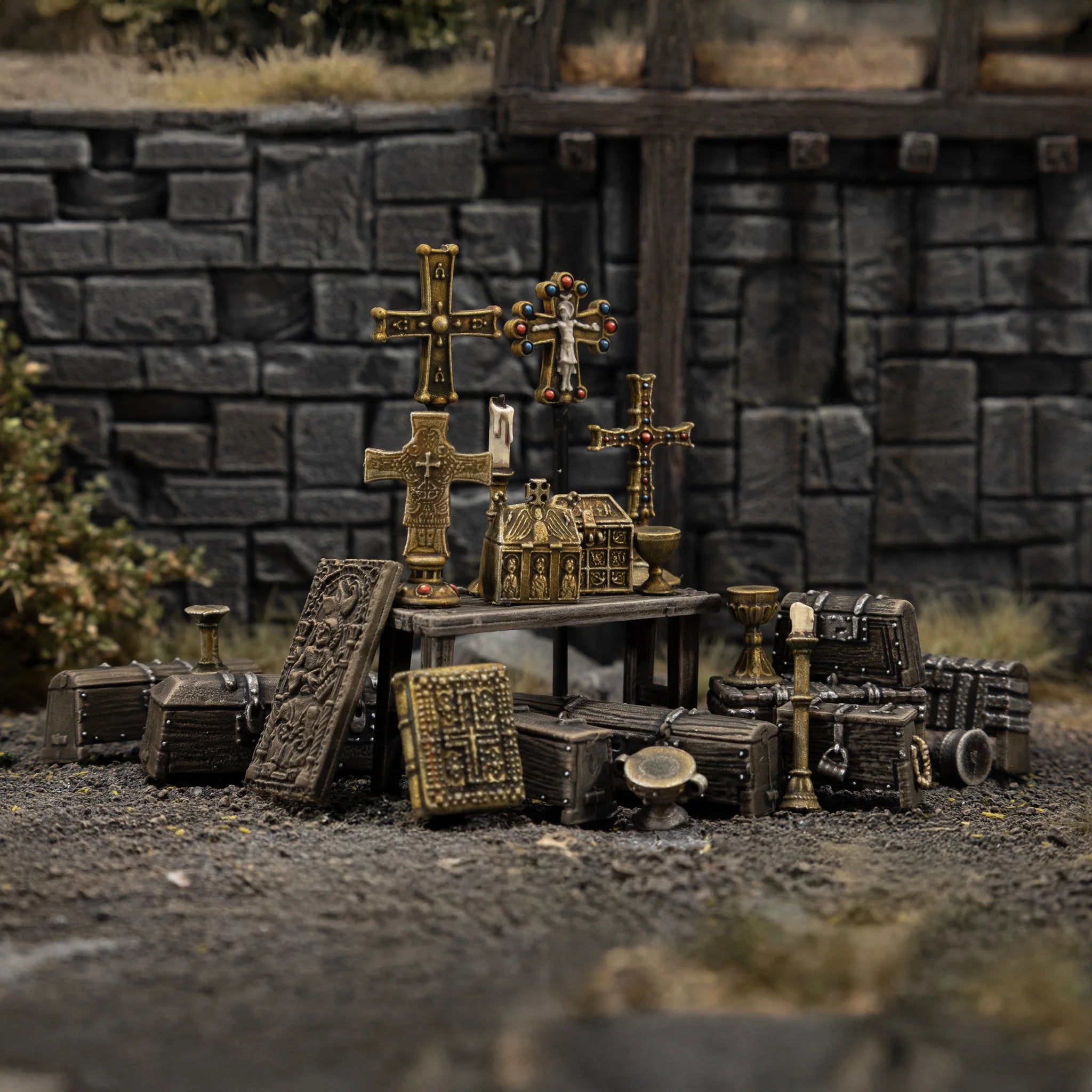 Painted unit of Victrix Ltd 28mm Treasures and Chests in an immersive Dark Age diorama